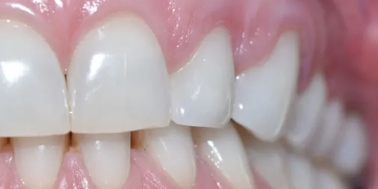 A close-up photograph of teeth showcasing healthy gums and clean dental alignment.